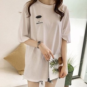 셀러허브 패션 OFK2LMO7 자수 반팔 롱 티셔츠 심플 오버핏 꾸안꾸룩