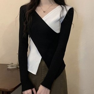 셀러허브 패션 OFKKN9OT 여성 엑스형태 랩티셔츠 슬림핏 골지 V넥 긴팔