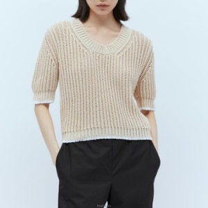 몽클레르 오픈 니트 리브 크루넥 반팔 스웨터 베이지 9C00014 M4086 003