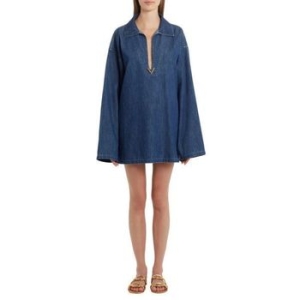 발렌티노 우먼 가라바니 플런지 넥 롱슬리브 긴팔 데님 청 튜닉 558-Medium 블루 7262358