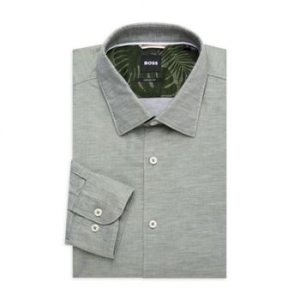 보스 3891229 Linen Blend Casual Fit Dress Shirt GREEN