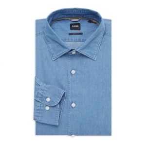 보스 3890829 Hal Casual Fit Chambray Dress Shirt BLUE