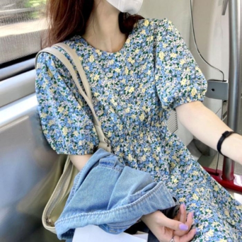 오노마 ONM 봄 여름 산뜻한 블루 플라워 슬림밴딩 반팔 롱 원피스 13870863