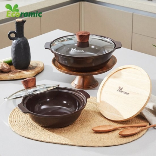 에코라믹  IH 뚝배기형 전골냄비 3종 (뚝배기20,24+나무받침)