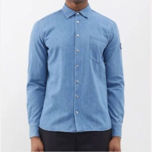 몽클레르 포인트 칼라 버튼프론트 로고 패치 데님 셔츠 블루 72139124