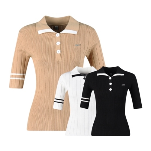 럭스골프 여성 라인 배색 5부 반팔 니트셔츠 LB4S606W