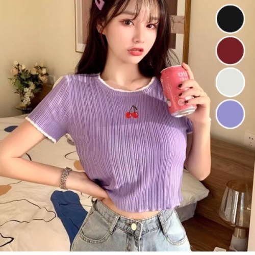 오노마 ONM 여성 큐티 체리 자수 예쁜 여름 반크롭 반팔티셔츠 14392290