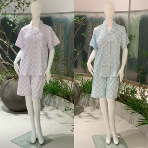 비너스 VPA4336W 넉넉한 피팅감 체크 나염 실크필 여성 파자마 여름 잠옷 상하