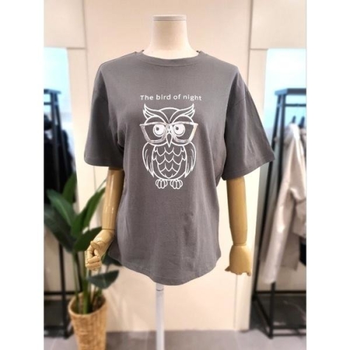 미스칸트 부엉이 호일 프린팅 티셔츠 카키 KPTSO401KH