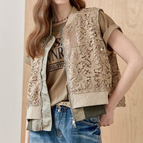 마쟈 레이스 이중 레이어드 집업 베스트 점퍼 ZD08QJ003ON
