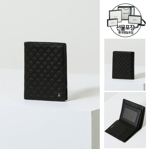 헤지스 블랙 로고패턴 소가죽 중지갑 HJWA4F836BK