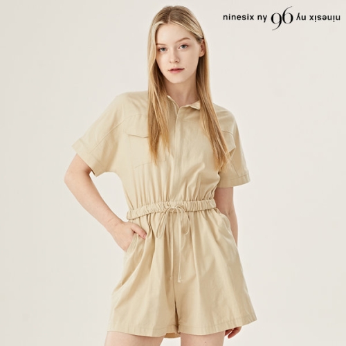 96NY 허리 끈 카라 집업 포켓 린넨 점프수트 NO2OW045L0