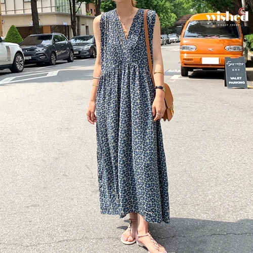 위시드 여성 브이넥 플라워 패턴 민소매 롱 원피스 WIBBOP050