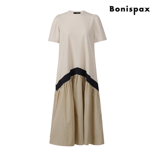 보니스팍스 라운드넥 셔링 배색 포켓 반팔 롱 원피스 XO2OW049L0