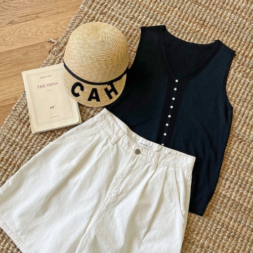 샵앤 진주포인 여성 V넥 나시 니트티셔츠 JR-WKN-3344-블랙