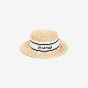 미우미우 여성 로고 라피아 버킷햇_5HC117 2CQU F0N86