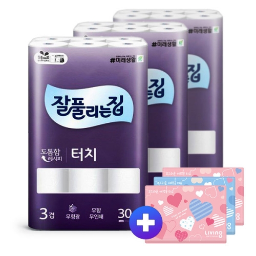 잘풀리는집 터치 25m (30롤)*3팩 + 여행용티슈 40매*3팩 세트
