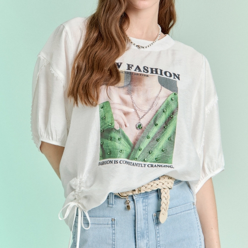 마쟈 큐빅 네크리스 프린트 스트링 루즈핏 블라우스 ZD08QB050ON