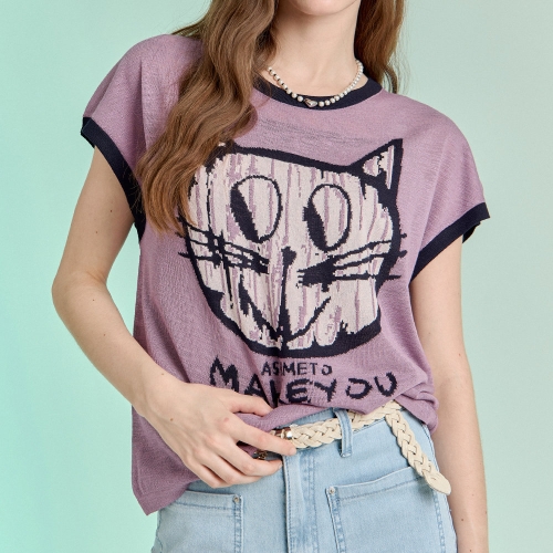 마쟈 고양이 일러스트 라인배색 캡소매 니트 ZD08QK035ON