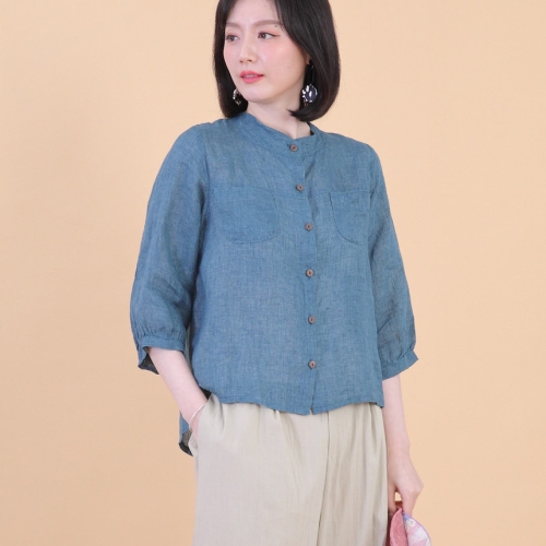 애비뉴투지 엄마옷 린넨 아마 모시 라운드 헨리넥 시스루 남방 여성 여름 칠부 블라우스 B08346 50대 60