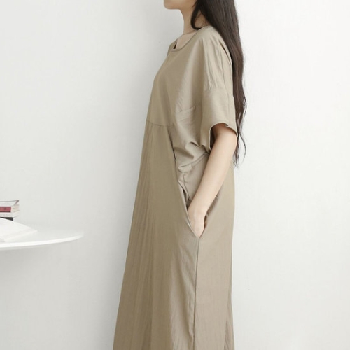 아미 샵앤 가오리 여성 벌룬 절개 반팔 롱 원피스 -WDR-3336-카키
