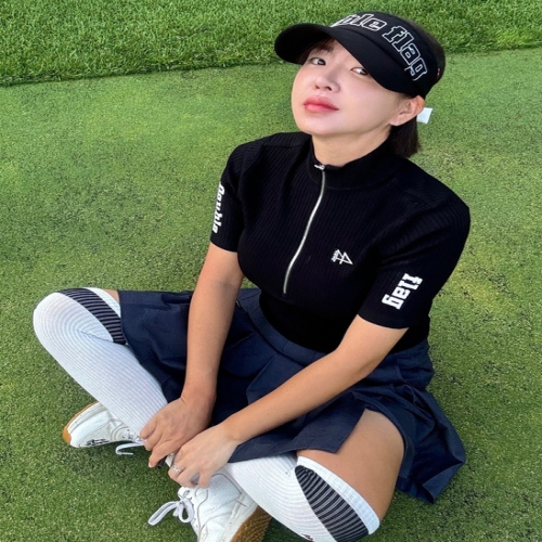 LF 더블플래그 여성 듀얼레터 반집업 반팔 골지 니트 슬림핏 DWSW4D511BK