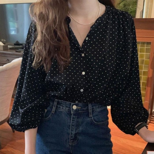 오노마 ONM 도트패턴 퍼프 소매 쉬폰 도트패턴 블라우스 여친룩 15191758
