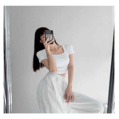 하이 웨이스트 스퀘어 넥 탑 반팔 티셔츠 배꼽티 15238089