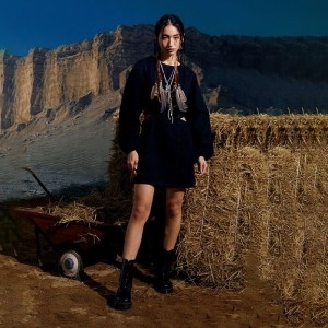 랭글러 우먼즈 슬림 플레어 트임 데님 원피스 블랙 122729