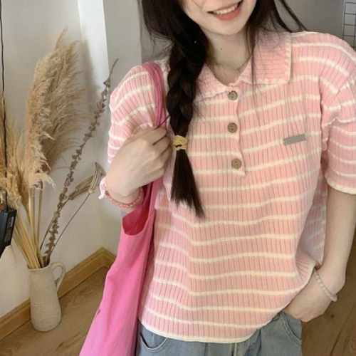 오노마 ONM 핑크 단가라 카라 반팔 티셔츠 여친룩 티 15414415