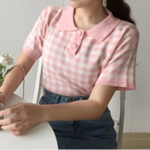 오노마 ONM 여자 핑크색 체크 카라티 20대 여학생 여름 반팔 17067237