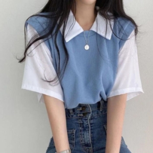 오노마 ONM 여성 파란색 반팔니트 일체형 카라 봄 여름 학생 20대 17067130