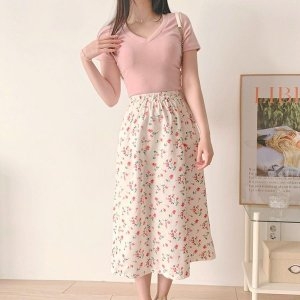에이라인 밴딩 치마 여성 꽃무늬 쉬폰 플레어 롱스커트 WE7F1E1