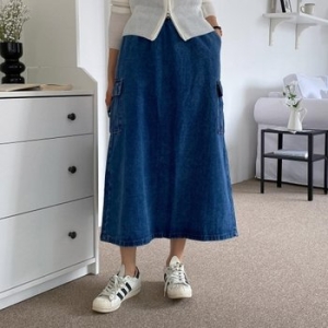 수프 CHKA52리니오 긴 청 카고 주머니 밴딩 여성 치마 스트레이트 링