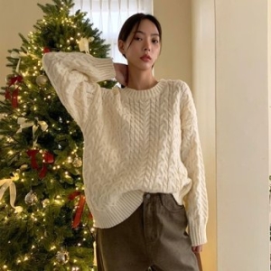 수프 CHT6B7C텔애르 스웨터 크루넥 링 오버핏 여성 꽈배기 분홍색