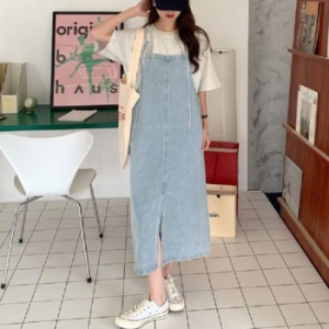 오노마 ONM 여성 캐주얼 심플한 데님 트임 멜빵 원피스 17772778