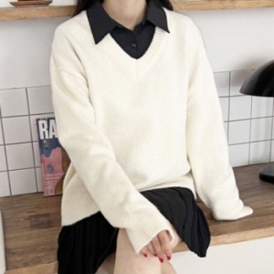 오노마 ONM 베이직 데일리 웨어 여자 오버핏 브이넥 니트티 17774614