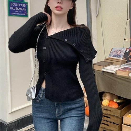 더블디 여성 언밸런스 오픈숄더 단추 봄 니트티 LK-K014 15033216