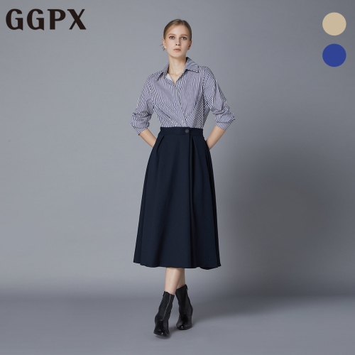 GGPX 스트라이프 배색 핀턱 플레어 롱 원피스 GO8OP180F