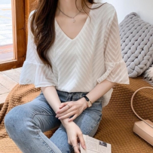 오노마 ONM 여성 여름 루즈핏 브이넥 반팔 셔링 블라우스 10527184A