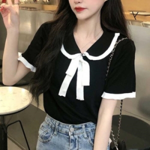 오노마 ONM 레이스카라 리본 반팔티 배색라인 블라우스st 여친룩 18279736