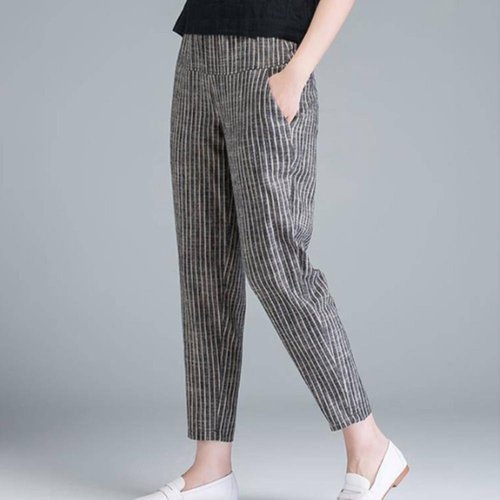 수프 CCP75EE오크은 웨이스트 밴딩 바지 여성 검정 썸머 줄무늬 링