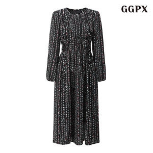 GGPX 라운드넥 플라워 패턴 소매 벌룬 롱 원피스 GOCOW022D