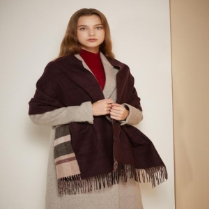 닥스 버건디 체크 캐시미어100% 양면 숄겸용 포켓 머플러_DBMU4F731D2