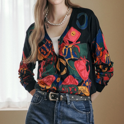 마쟈 컬러풀 스마일 패턴 브이넥 가디건 ZD10QD015NA