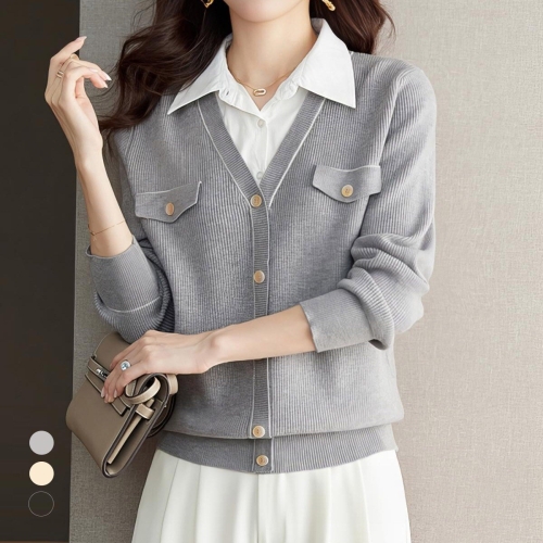 KARRA 카라 셔츠믹스버튼니트_A4F0577