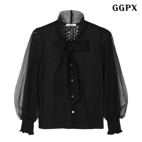 GGPX 페미닌 V넥 소매 시스루 펀칭 긴팔 블라우스 GOCBA030D