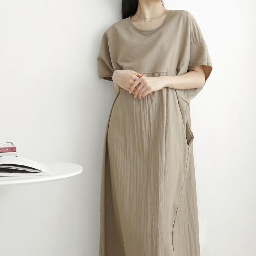 아미 샵앤 샵앤 가오리 국산 여성 라운드 절개 반팔 롱 원피스 -WDR-3336-소라