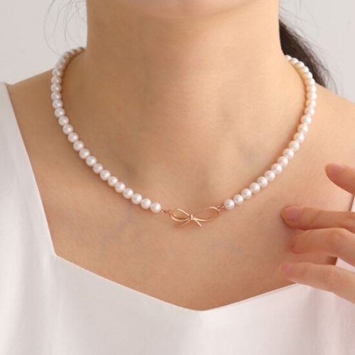 쥬릭스  14K 리본 장식 AAA 상급 6mm 담수 진주목걸이 JGN0045