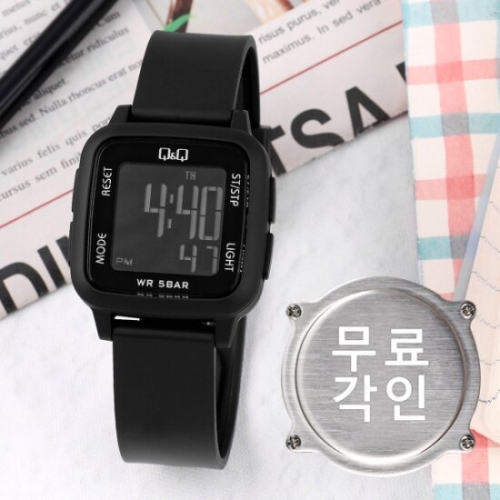 큐앤큐 무료각인 G02A-002VY 사각 스퀘어 디지털 올블랙 어린이
